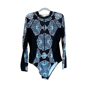 Long-Sleeve Blue Mosaic One-Piece Swimsuit